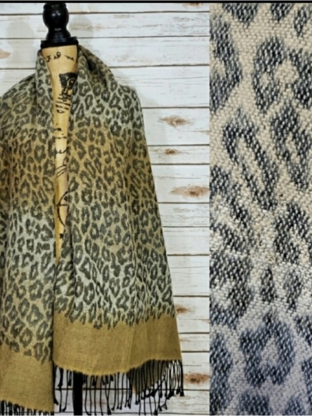 Animal Print Italian Fringe Tan Black Scarf Wrap